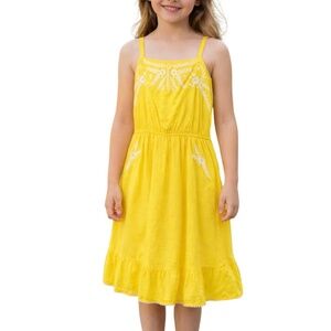 Boden Girls Yellow Embroidered Swiss Dot Cotton Dress with Pockets – Size 13–14Y